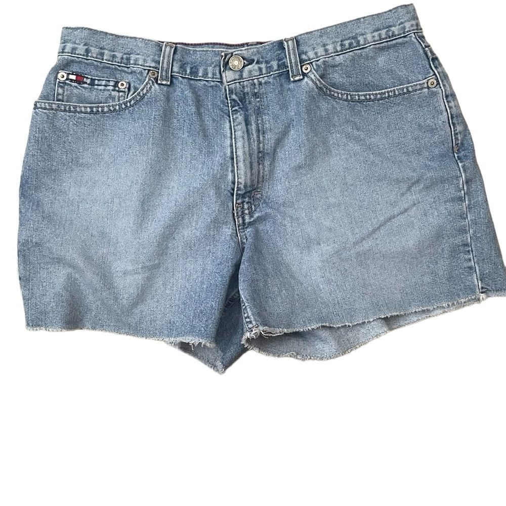 Tommy Hilfiger Boyfriend Stitched Flag Indigo Denim Frayed Shorts Women Size 12